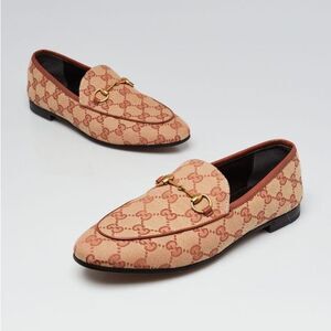 Gucci Jordaan Loafers Beige/Brown GG Print Horsebit Canvas Flats Size 40 US 10